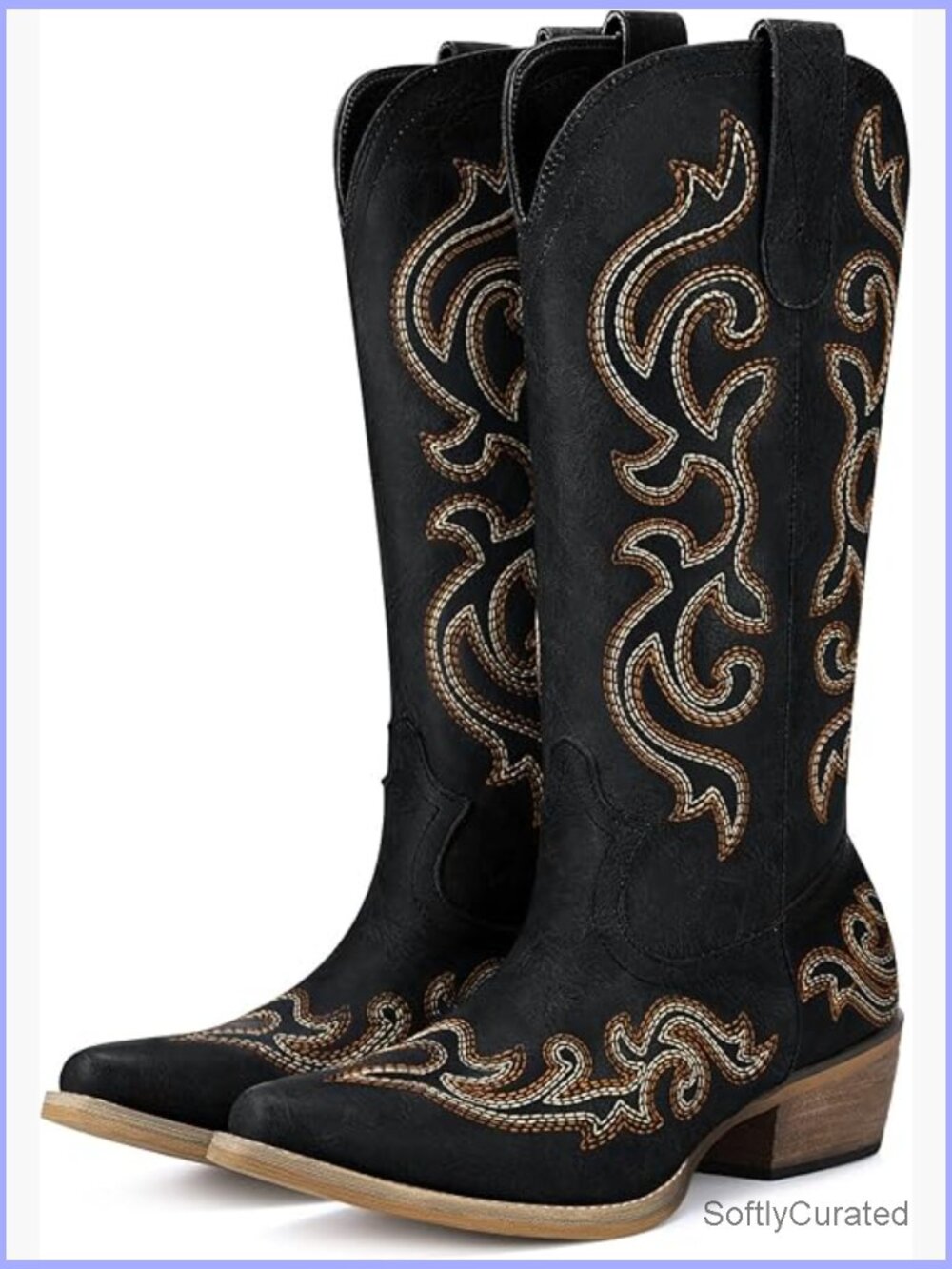 Women Western Cowboy Boots Snip Toe Chunky Heel Mid-Calf Embroidered Pull-On